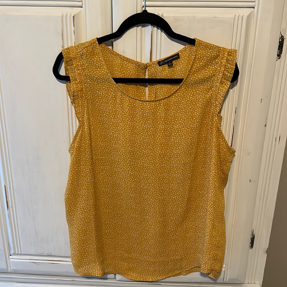 Women’s blouse, orange mustard color with white floral leave sessions, size L